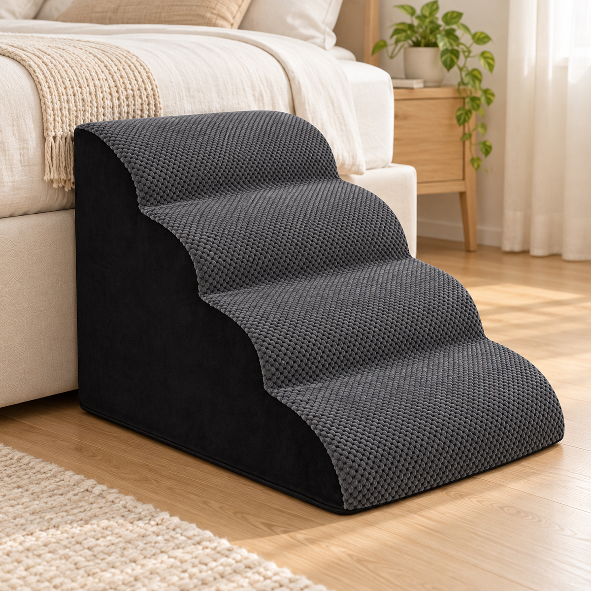 Tatzenstufe™ an einem hellen Bett im Schlafzimmer