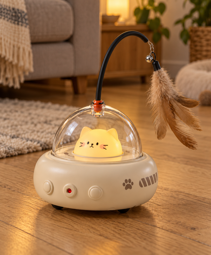 Leuchtende Katzenfigur unter der transparenten Kuppel von Tatzenwirbel