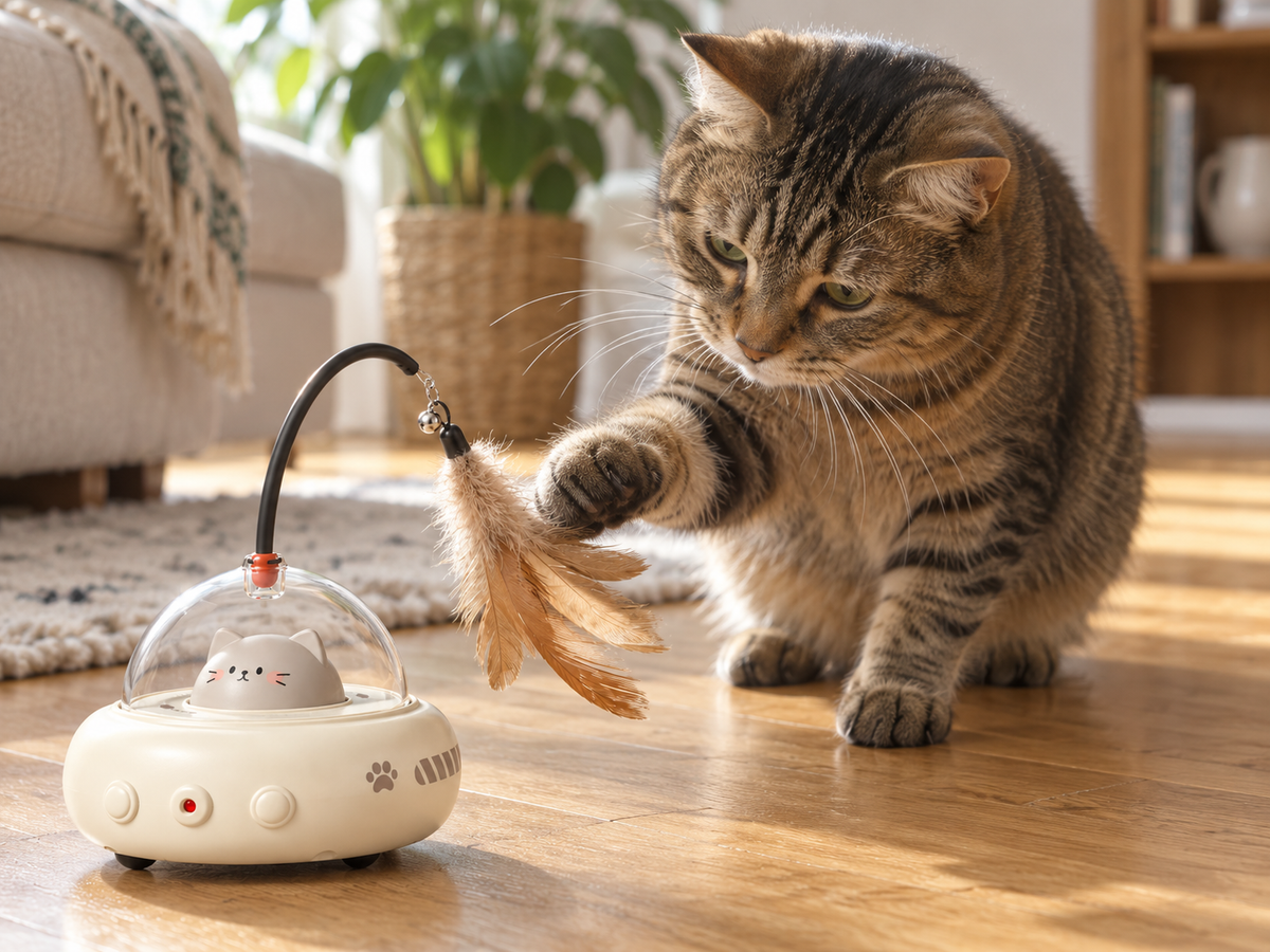 Getigerte Katze berührt die Feder am Tatzenwirbel Katzenspielzeug auf Holzboden