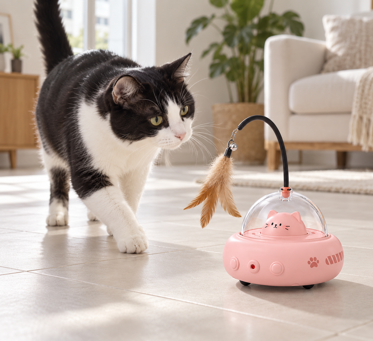 Schwarz-weiße Katze erkundet den rosa Tatzenwirbel auf glattem Boden