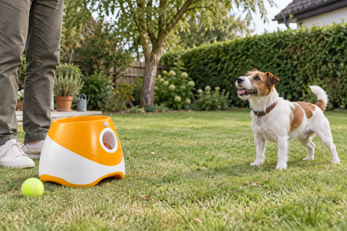 Jack Russell Terrier wartet bei einer gemeinsamen Apportierrunde im Garten neben Tatzenwurf