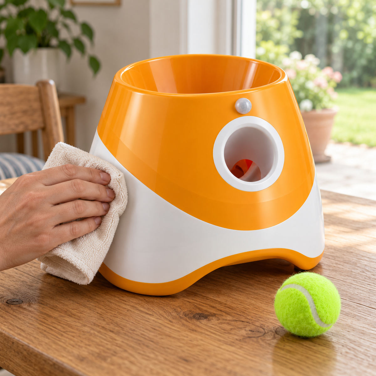 Die Außenseite des ausgeschalteten Tatzenwurf Ballwerfers wird mit einem Tuch gereinigt