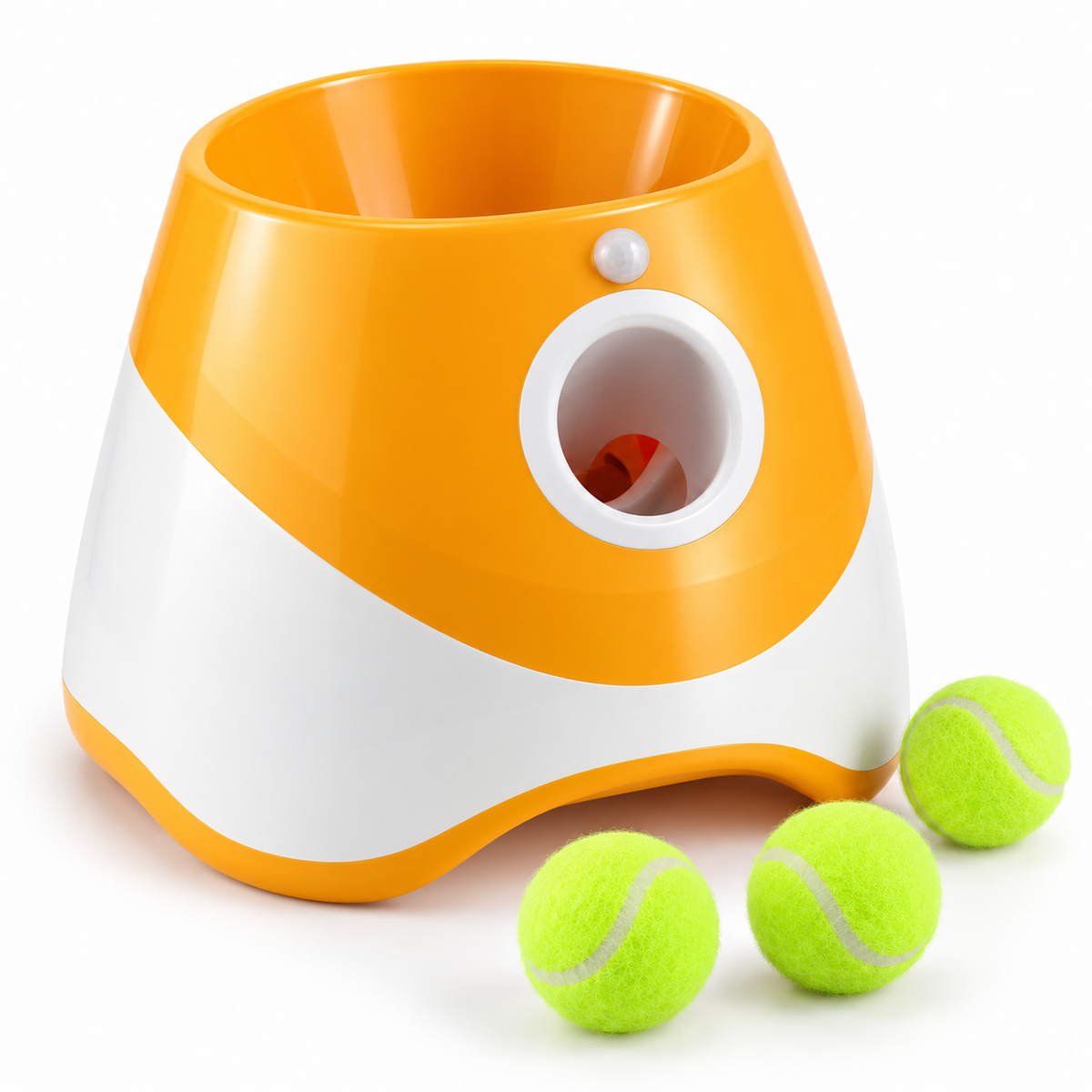 Automatischer Ballwerfer Tatzenwurf in Orange mit drei Mini-Tennisbällen auf weißem Hintergrund