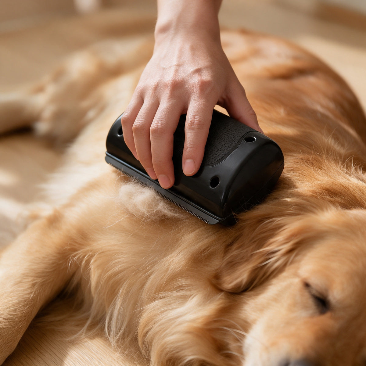 Golden Retriever wird mit dem Wollweg gebürstet, lose Unterwolle sammelt sich hinter der Klinge
