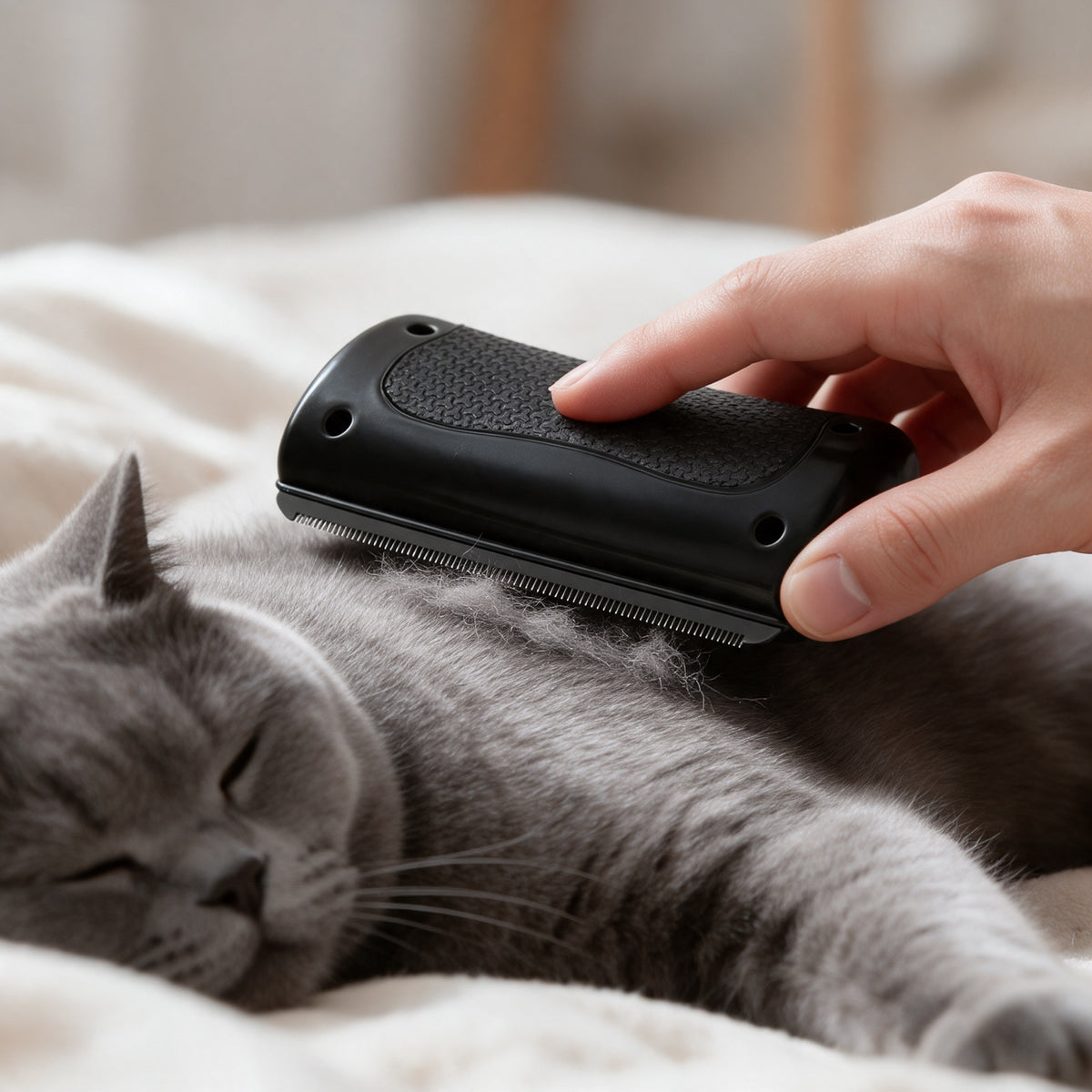 Ruhige graue Katze wird mit dem Wollweg über den Rücken gebürstet